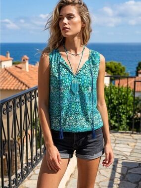 Violet & Claire Teal Patterned Tassel V-Neck Sleeveless Top